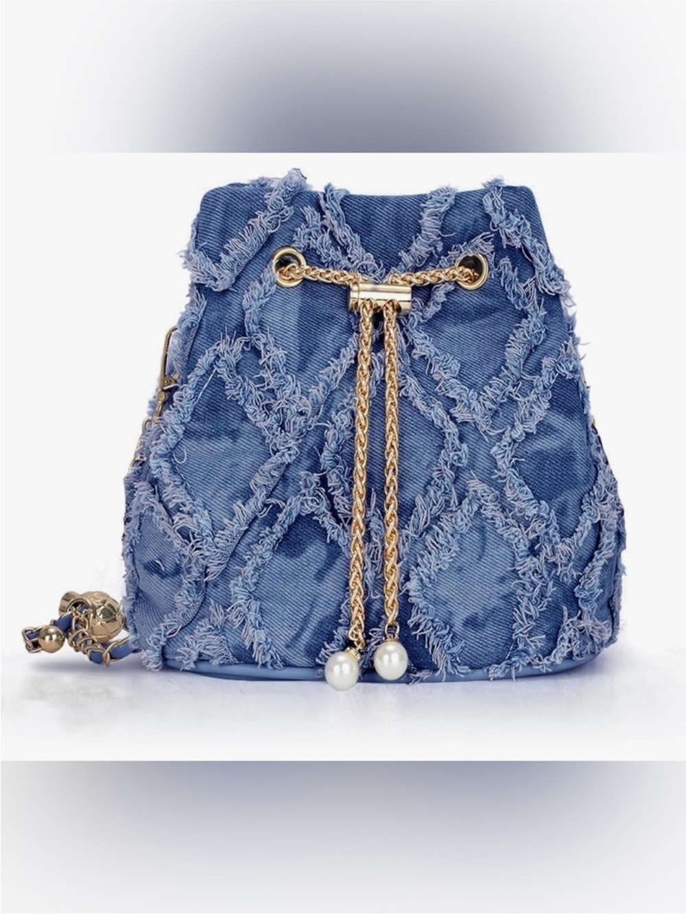 Denim Quilted Drawstring Bucket Bag with Gold Chain and Pearl Accents